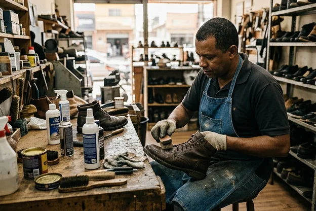 Sapatos sendo impermeabilizados por um sapateiro em Osasco.